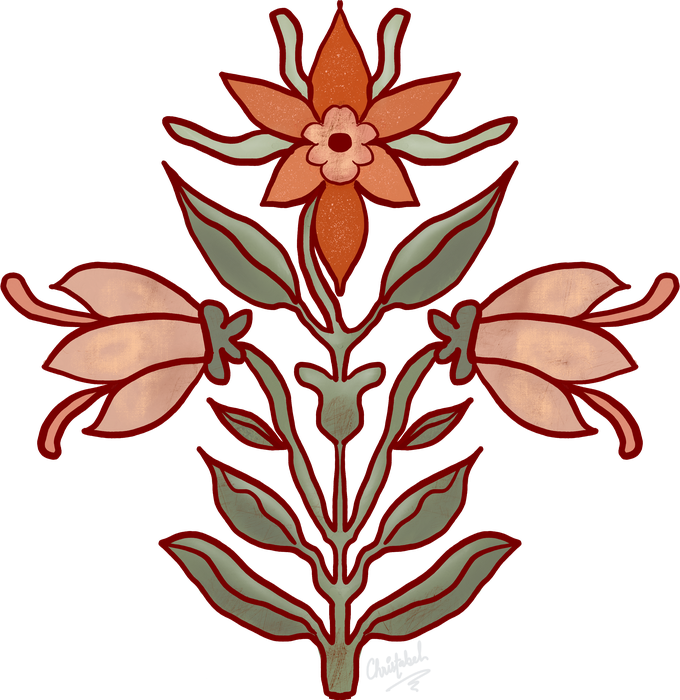 Cut-out Mughal-style flowering plant in coral, pink and sage